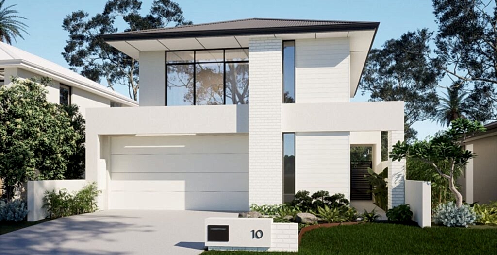 Modern two storey custom home with a white façade, large windows and landscaped frontage built by Coast Homes in Western Australia